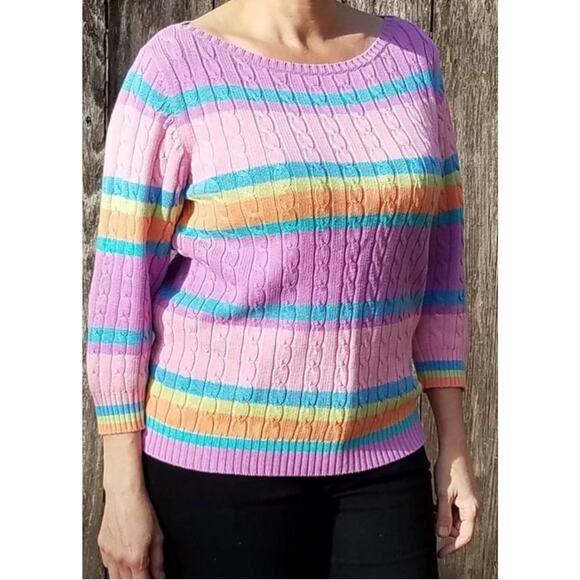 Vintage Lauren by Ralph Lauren Cable Knit Boat Neck Striped Sweater Size Large‎ - Picture 1 of 10